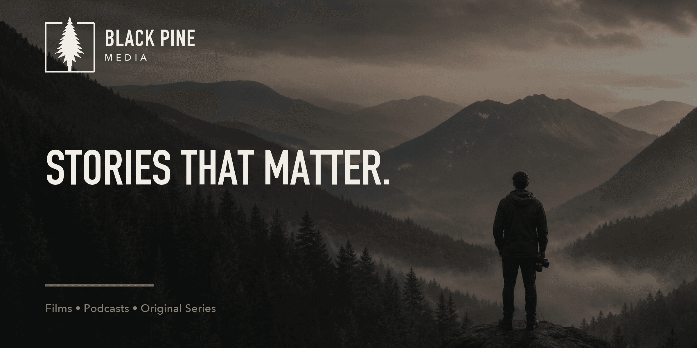 Misty mountain landscape used as Black Pine Media's cinematic backdrop